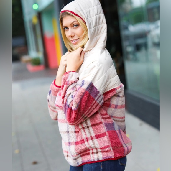 Taupe & Pink Half-Zip Plaid Hooded Sherpa Fleece & Puffer Winter Woman  Pullover - Picture 16 of 16